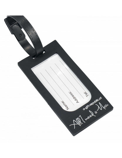 Black Luggage Tag with White Keyboard Design and Clear Window for Name and Address — view 2