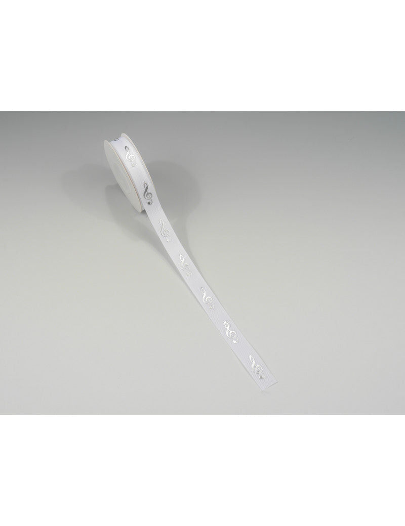 White Ribbon with Silver Treble Clef - 16mm x 10m