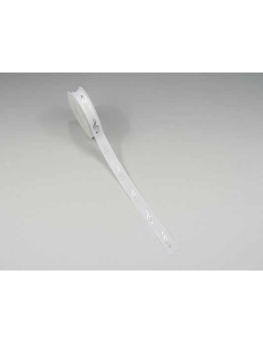 White Ribbon with Silver Treble Clef - 16mm x 10m