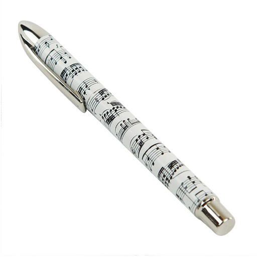 Music Pen in Gift Box - White Manuscript on Black Background with Chrome Clip