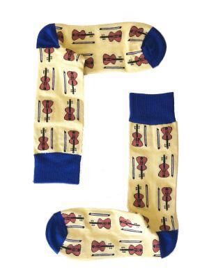 Unisex Yellow Violin Socks with Blue Trim and Brown Violins and Bows, Size 6-11