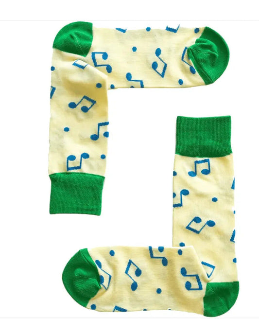 Unisex Yellow Music Socks with Green Trim and Blue Notes, Size 6-11