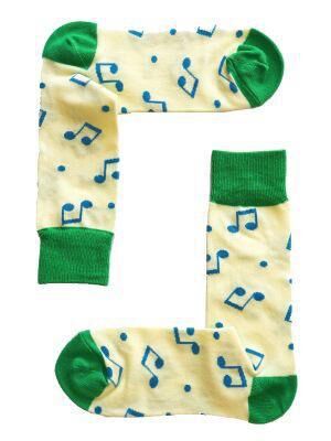 Unisex Yellow Music Socks with Green Trim and Blue Notes, Size 3-8, 80% Cotton, 20% Polyester