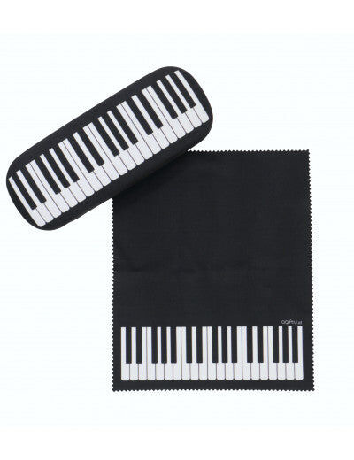 Music Inspired Glasses Case with Microfiber Cleaning Cloth, Black with White Keyboards