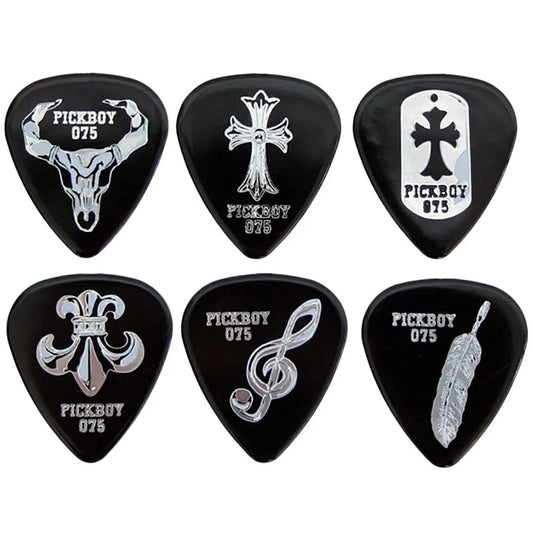 Pickboy Guitar Pick – Design Mix Black Chrome (12 Pack) .75 mm, Celltex Material, Made in Japan