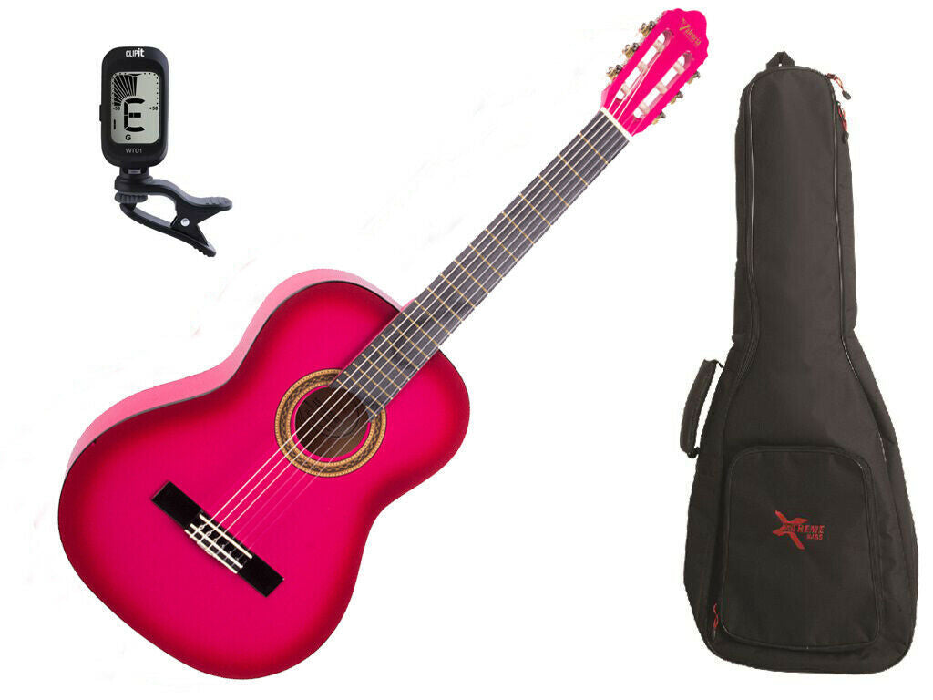 Valencia Full Size Classical Guitar Pack Pink C/W Padded Bag and Clip On Tuner