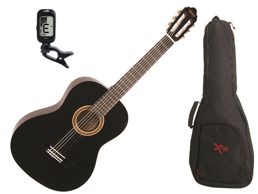 Valencia 1/2 Size Classical Guitar Pack Black C/W Padded Bag & Clip On Tuner