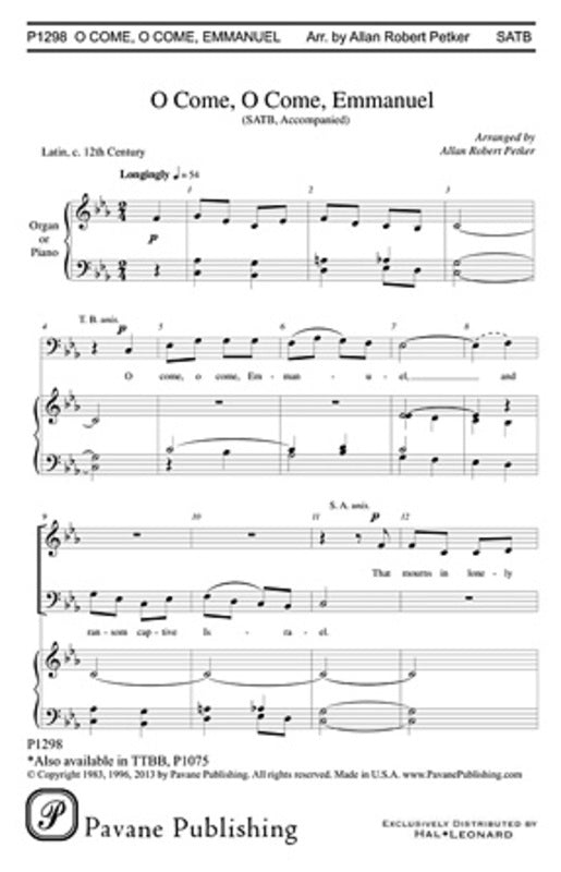 O Come O Come Emmanuel Ttbb (Pod) Octavo