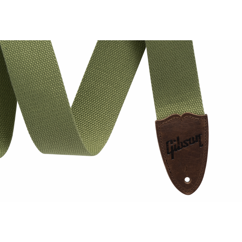 Gibson Canvas Guitar Strap Green, 2" Wide, Adjustable 36"-65", Cotton Material, Leather Ends, USA-Made