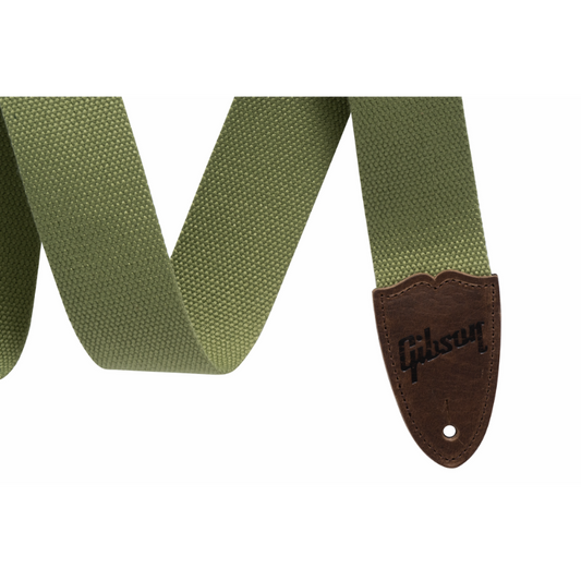 Gibson Canvas Guitar Strap Green, 2" Wide, Adjustable 36"-65", Cotton Material, Leather Ends, USA-Made