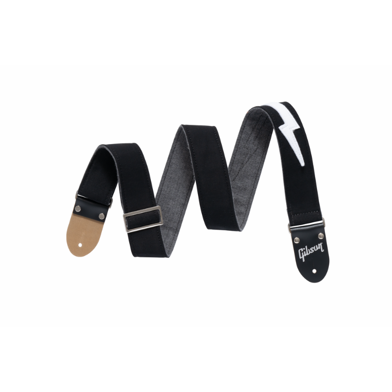 Gibson Vintage Bolt Strap Black 2” Wide Adjustable 36”-65” Genuine Leather Ends — view 2