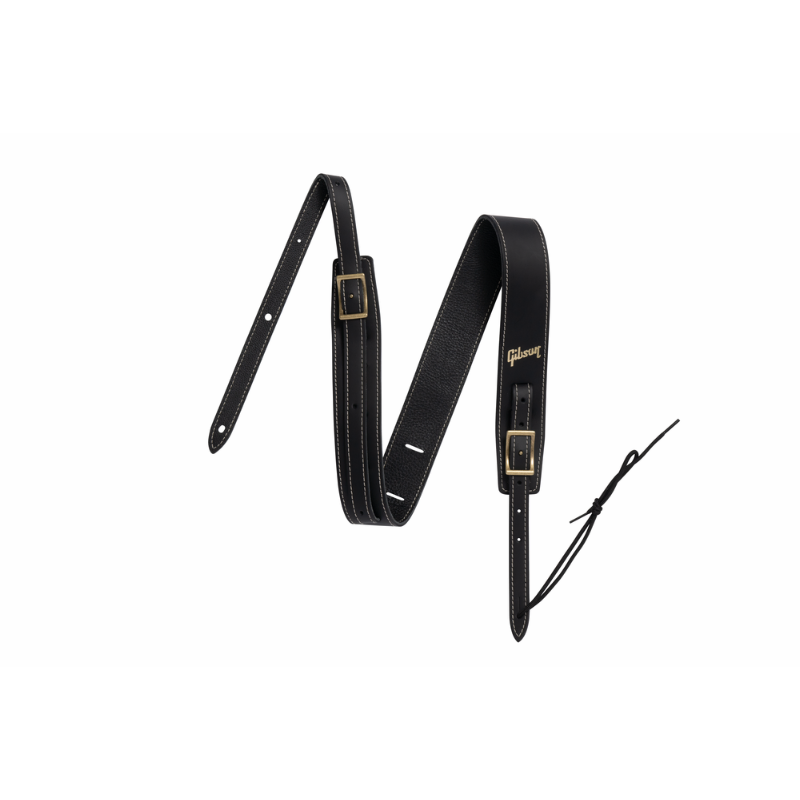 Gibson Troubadour Black Leather Guitar Strap 2" Wide Adjustable 40" to 65" with Headstock String
