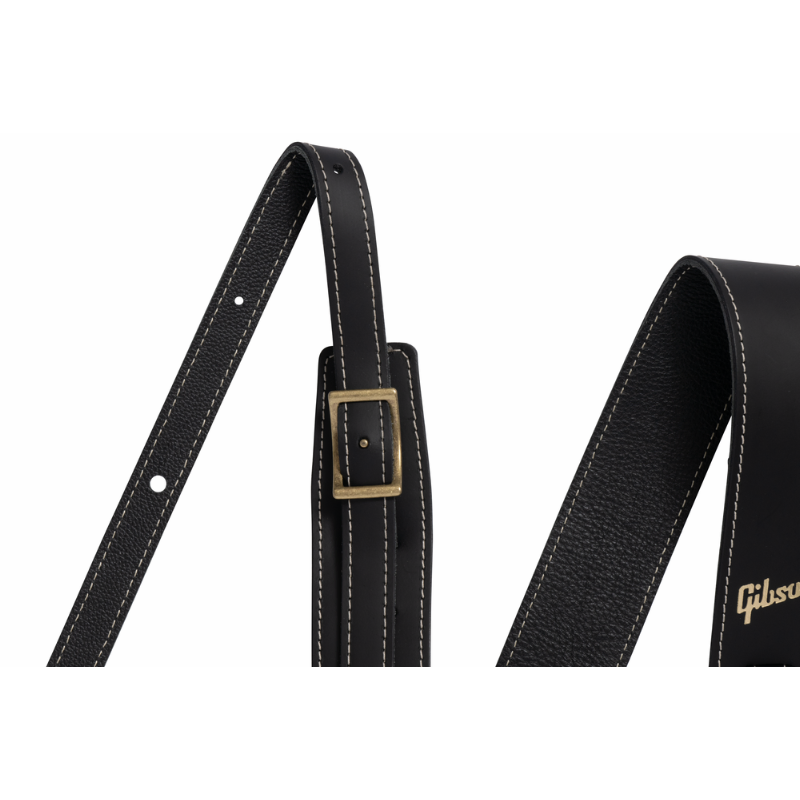 Gibson Troubadour Black Leather Guitar Strap 2" Wide Adjustable 40" to 65" with Headstock String — view 2