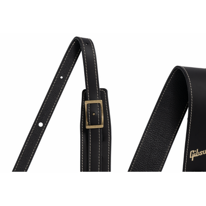 Gibson Troubadour Black Leather Guitar Strap 2" Wide Adjustable 40" to 65" with Headstock String — view 2
