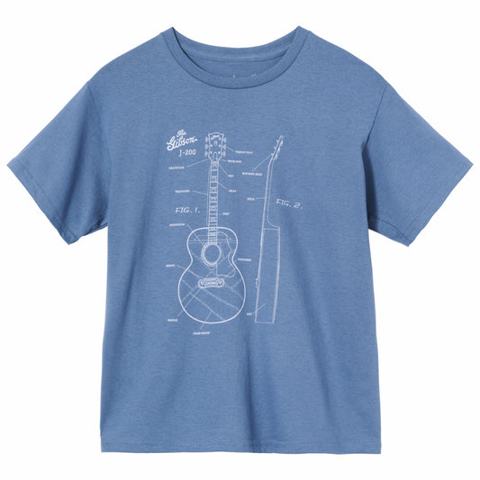 Gibson Kid's Acoustic Schematic Tee Indigo Small 100% Cotton Guitar Blueprint Design