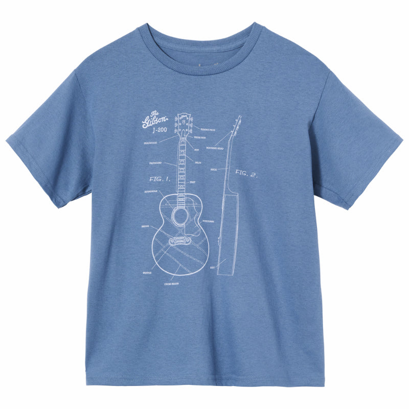 Gibson Kid's Acoustic Schematic Tee Indigo Large 100% Cotton Guitar Blueprint Design