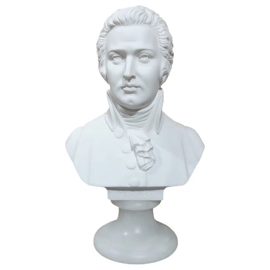 Bust 22cm Crushed Marble Mozart - Sculpted in Volterra, Italy, from recomposed stone with detailed craftsmanship by Cav. Arnaldo Giannelli.