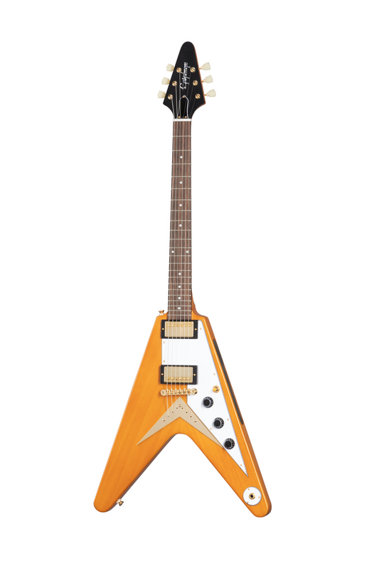 Epiphone 1958 Korina Flying V Electric Guitar Aged Natural & White Pickguard w/ Hard Case
