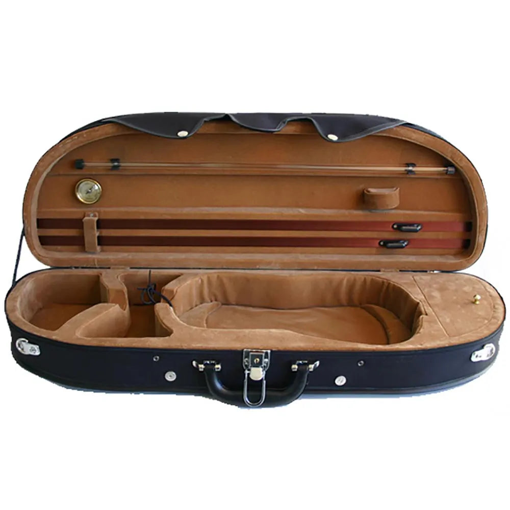 Half Moon Violin Case-TG Lightweight Black/Tan 4/4 with Suspension Padding, Backpack Straps, Lockable Latch, Hygrometer, and 2 Bow Spinners