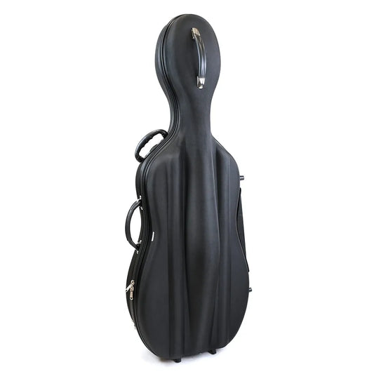 HQ Lightweight Hard Cello Bag with Wheels - Black 4/4, Holds 2 Bows, EVA Shell, Backpack Straps, Neck Restraint, 5kg