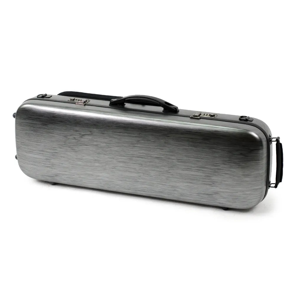 HQ Oblong Violin Case Brushed Silver & Black with Blanket, Pouch, 4 Bow Holders, Lightweight, External Bag, Quality Locks