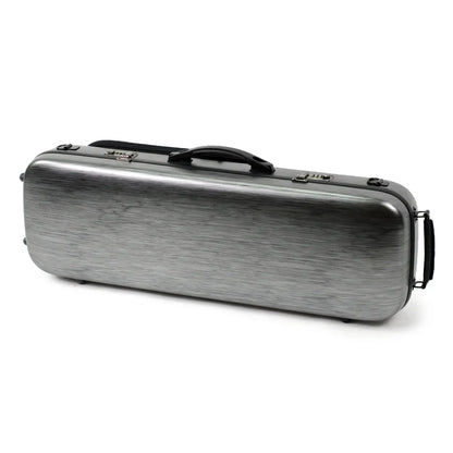 HQ Oblong Violin Case Brushed Silver & Black with Blanket, Pouch, 4 Bow Holders, Lightweight, External Bag, Quality Locks