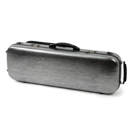 HQ Oblong Violin Case Brushed Silver & Black with Blanket, Pouch, 4 Bow Holders, Lightweight, External Bag, Quality Locks
