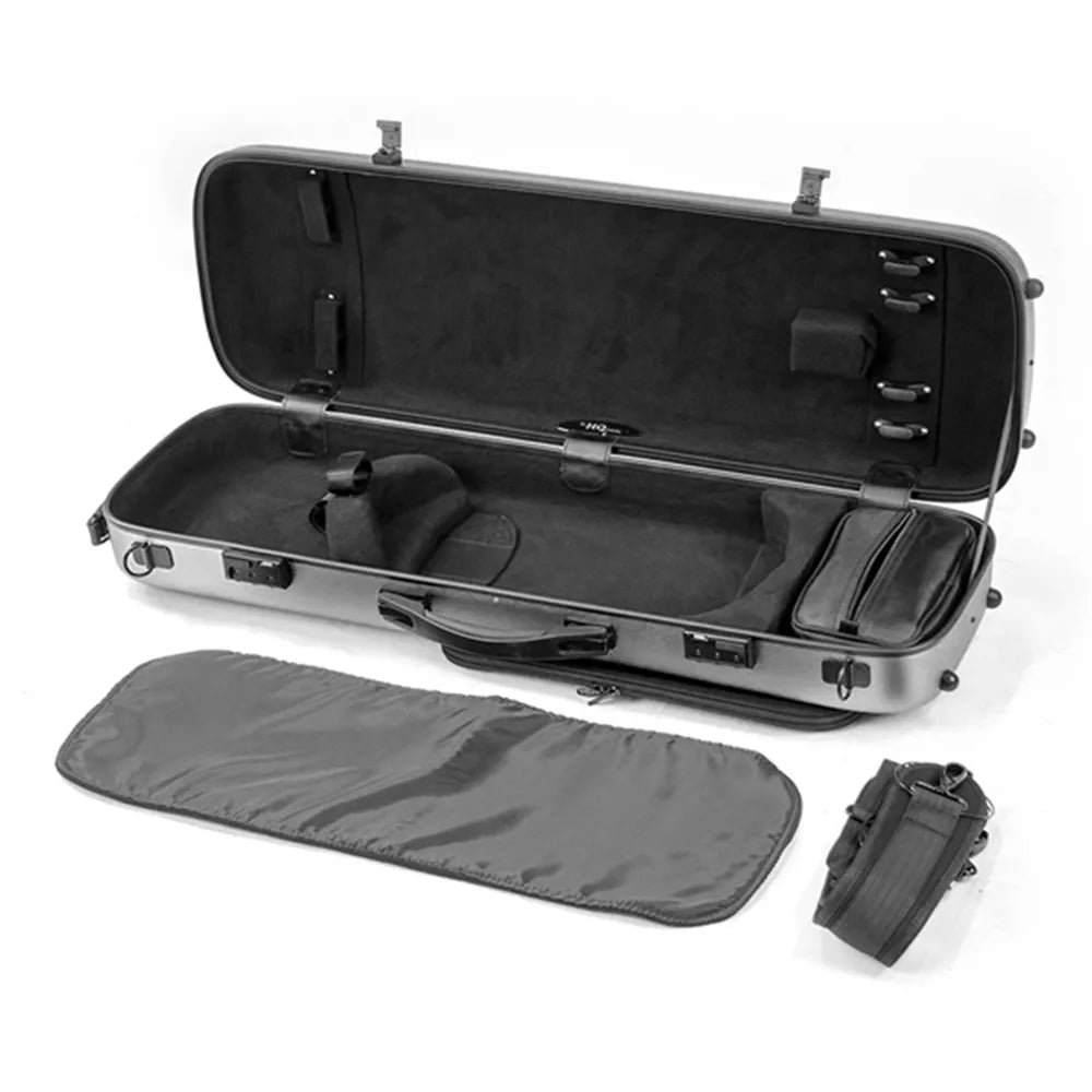 HQ Oblong Violin Case Brushed Silver & Black with Blanket, Pouch, 4 Bow Holders, Lightweight, External Bag, Quality Locks — view 2