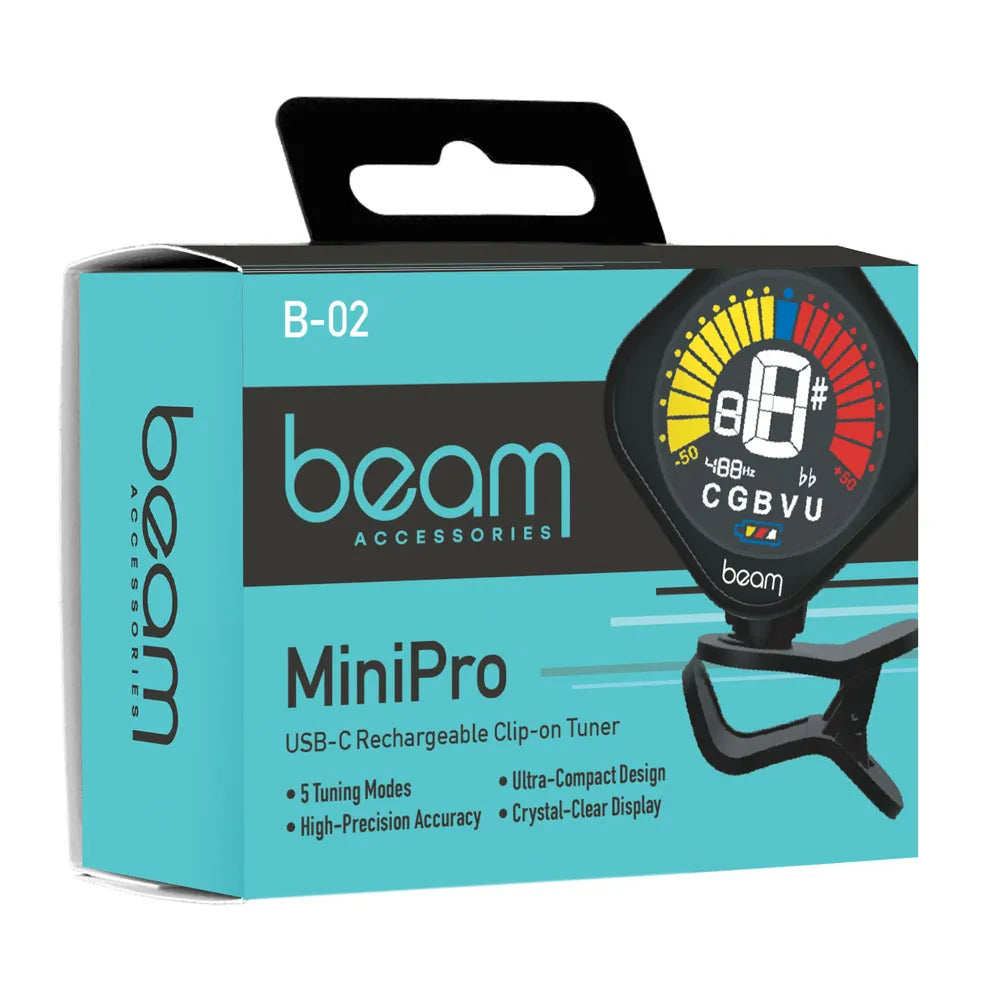 Beam Accessories MiniPro Rechargeable Clip-on Tuner B-02 with USB-C, High-Contrast Display, 5 Tuning Modes, Auto Power-Off, 360° Rotation