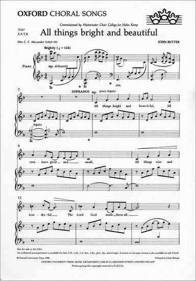 All Things Bright and Beautiful SATB Choral Sheet Music for Organ