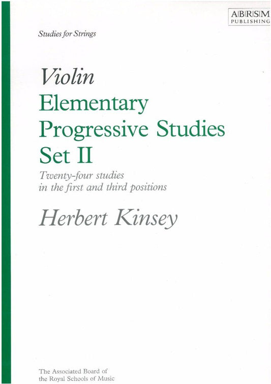 Elementary Progressive Studies Book 2 for Violin by Herbert Kinsey, ABRSM, 24 pages, technique building, various positions, fingerings and bowings inc