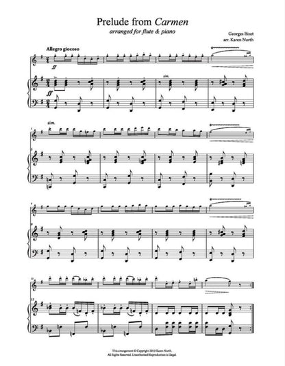 Bizet - Carmen Prelude for Flute/Piano, Arranged by Karen North, 8 Pages, Allegro Publishing — view 3