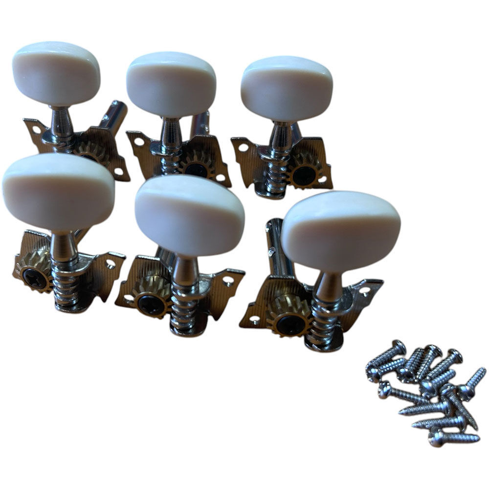 Maxtone 3+3 Open Geared Tuning Machines for Acoustic/Electric Guitar in Nickel Finish with Oval White Buttons