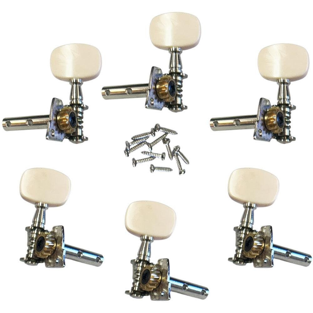 GT LA Series 3+3 Open Geared Tuning Machines Nickel Finish with White Buttons — view 2