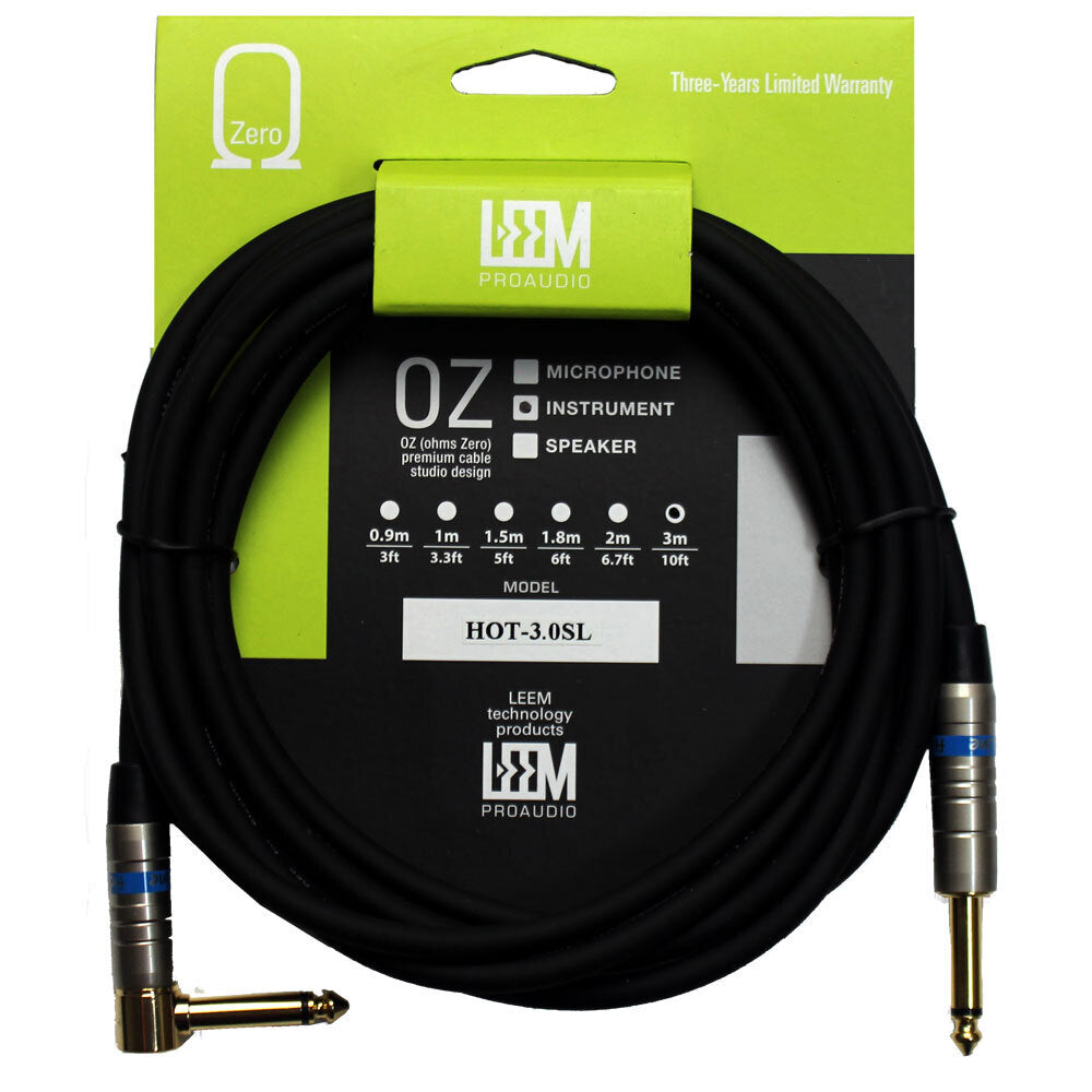 Leem 10ft Instrument Cable with 1/4" Straight and Right-Angled Plugs, Gold Plated, Braided Copper Shield