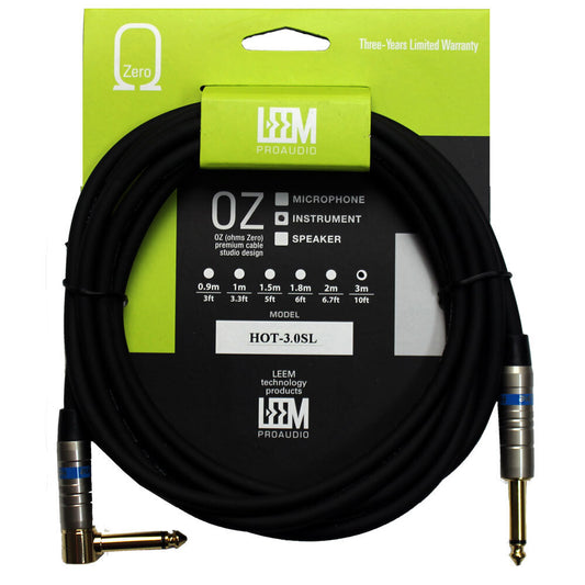 Leem 10ft Instrument Cable with 1/4" Straight and Right-Angled Plugs, Gold Plated, Braided Copper Shield