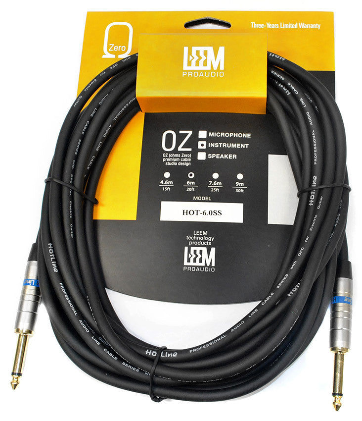 Leem 20ft Hotline Instrument Cable with 1/4" Gold Plated Straight Plugs, Braided Copper Shield, 6.7mm O.D