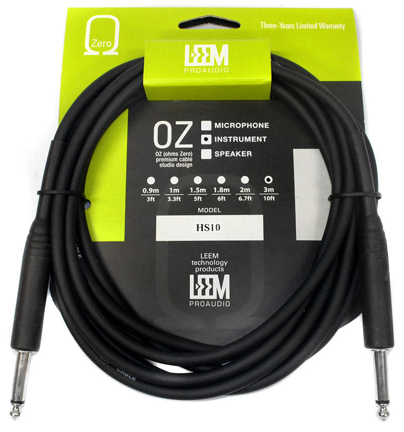 Leem 10ft Heatshrink Instrument Cable with 1/4" Straight Plugs and Nickel Plated Connectors