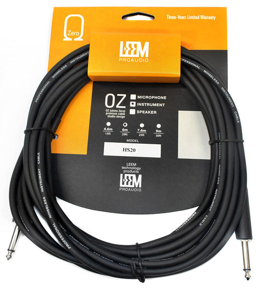 Leem 20ft Heatshrink Instrument Cable with 1/4" Straight Plugs, Nickel Plated, Noiseless O.D 6.0mm, Helical Shield