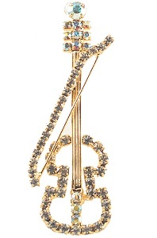 Rhinestone Brooch Violin With Bow Gold