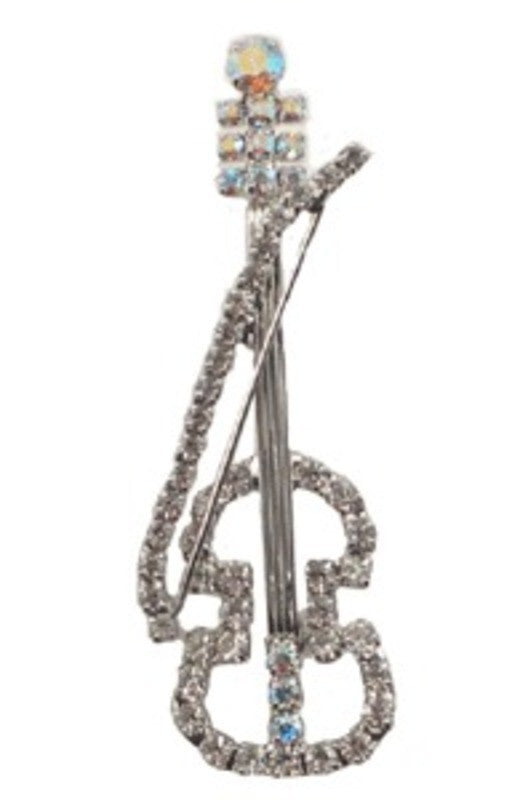 Rhinestone Brooch Violin With Bow Silver