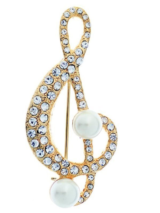Rhinestone Brooch G Clef W/Pearls