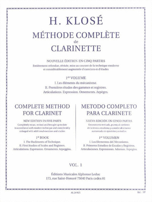 Klose - Complete Method For Clarinet Vol 1 (Softcover Book)