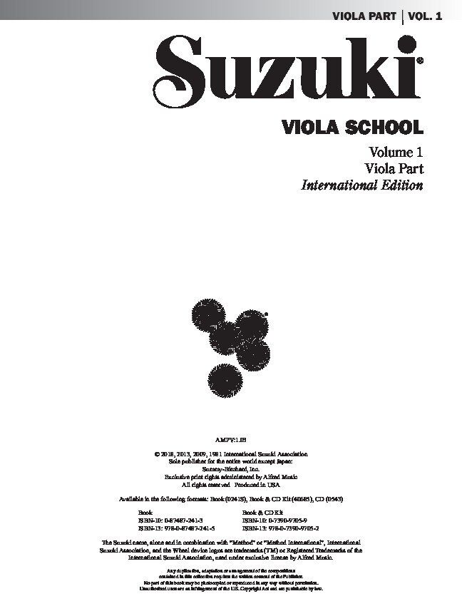 Suzuki Viola School Vol. 1 Viola Part by Dr. Shinichi Suzuki, Alfred Music, 32 pages, for Suzuki viola lessons, includes various folk songs and classi