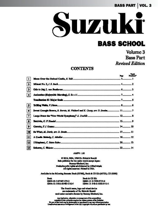 Suzuki Bass School Vol. 3 Bass Part by Dr. Shinichi Suzuki, 24 Pages, Alfred Music, Double Bass, Includes various classical titles