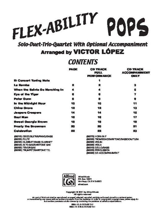 Flex-Ability Pops Percussion by Victor Lopez - 24 Pages, Alfred Music, Multi-Level Instrumentalists, 11 Songs in Four-Part Score