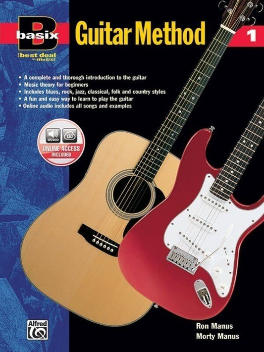 Basix Guitar Method Book 1 by Morton Manus & Ron Manus, 48 pages, includes recording for play-along, covers various music styles