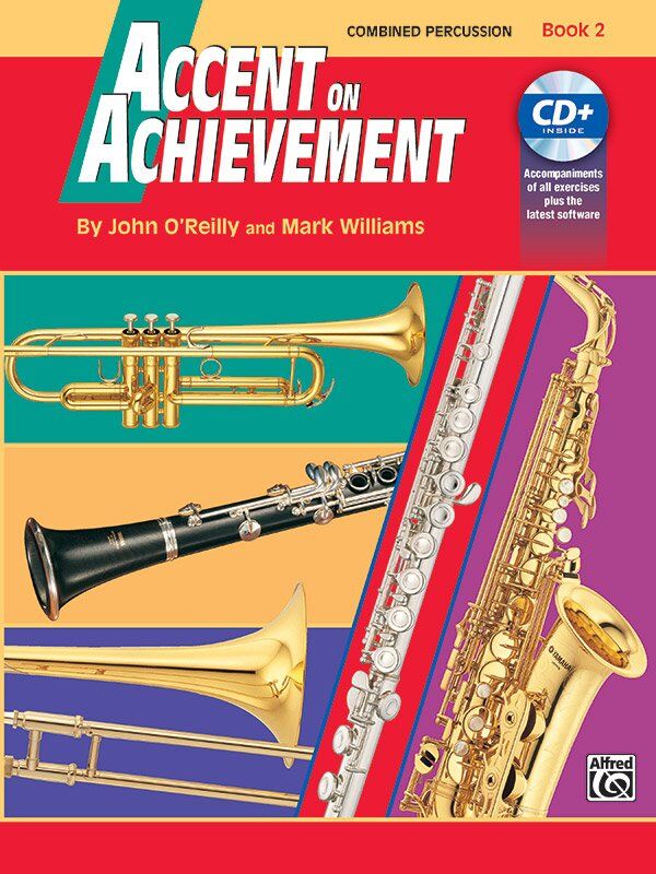 Accent on Achievement Book 2 Combined Percussion by John O'Reilly & Mark Williams, Alfred Music, 92 pages, for grades 5-8, includes rhythm exercises.