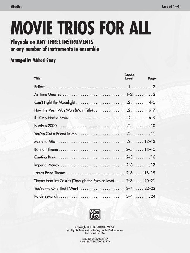Movie Trios for All — Violin, arr. Michael Story (Alfred Music)