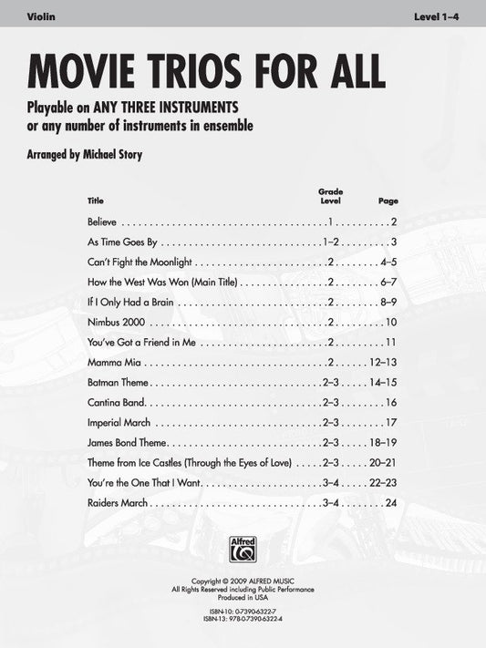 Movie Trios for All — Violin, arr. Michael Story (Alfred Music)